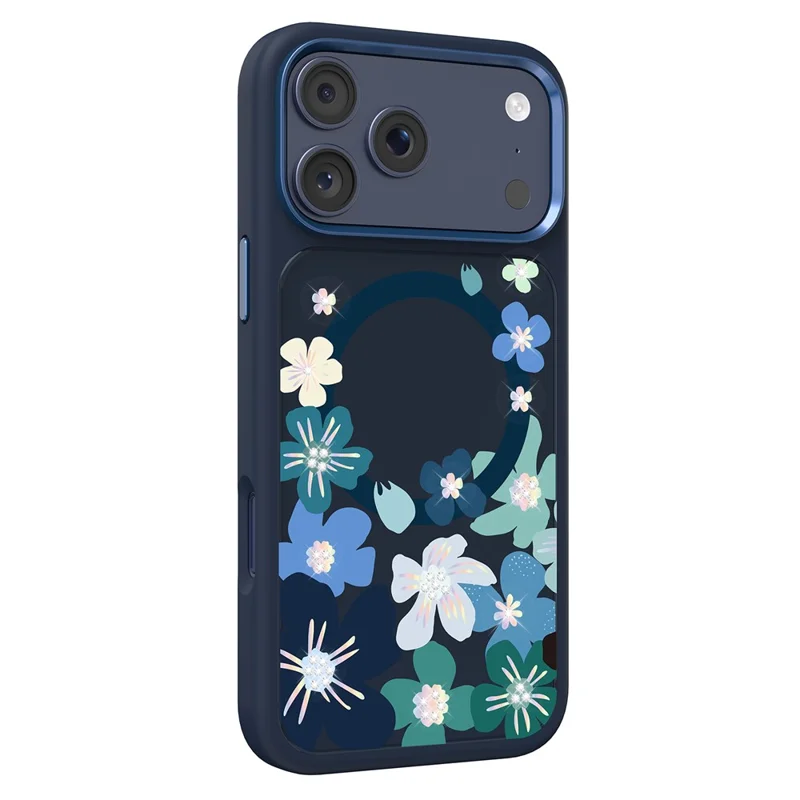 MUTURAL For iPhone 17 Pro Magnetic Case Flower Pattern Design Liquid Silicone + Glass + PC Phone Cover - Dark Blue - 1