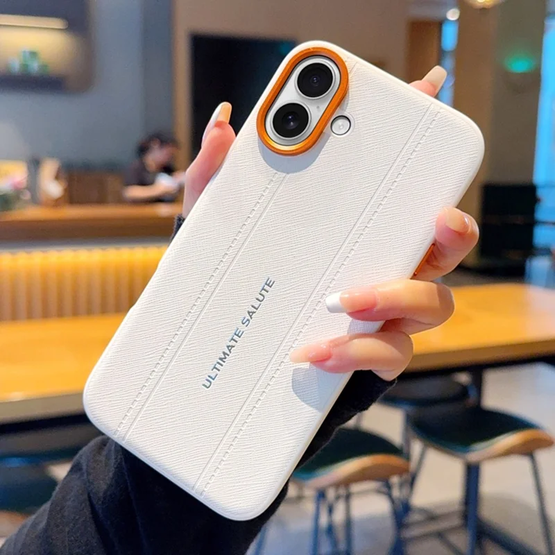For iPhone 16 Plus Case Leather Texture PC + TPU Anti-slip Protective Phone Cover - White - 1