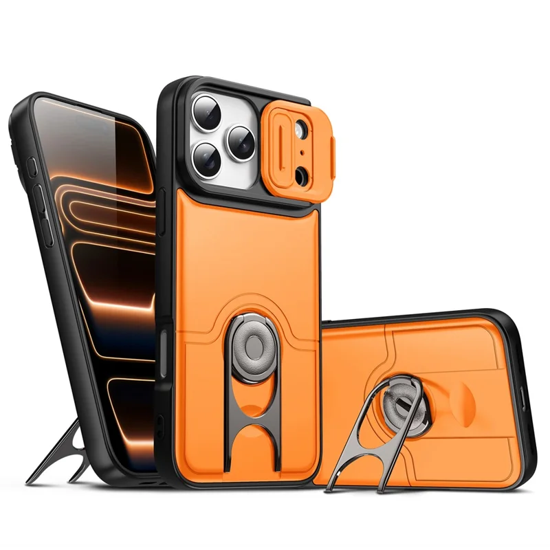 For iPhone 17 Pro Max Case with Slide Camera Cover Kickstand PC + TPU Protective Phone Shell - Orange - 1