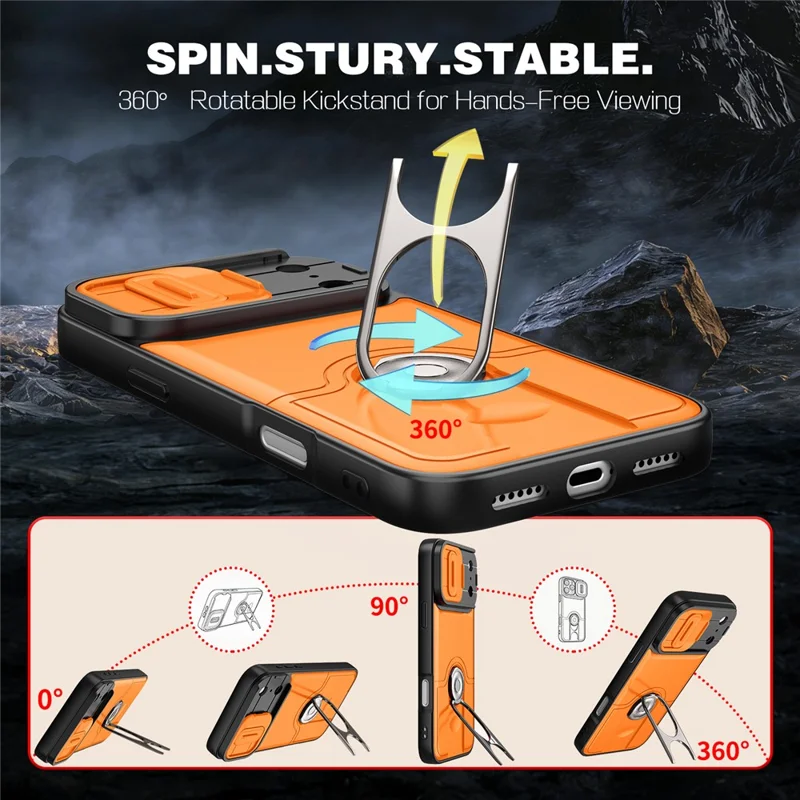 For iPhone 17 Pro Max Case with Slide Camera Cover Kickstand PC + TPU Protective Phone Shell - Orange - 3