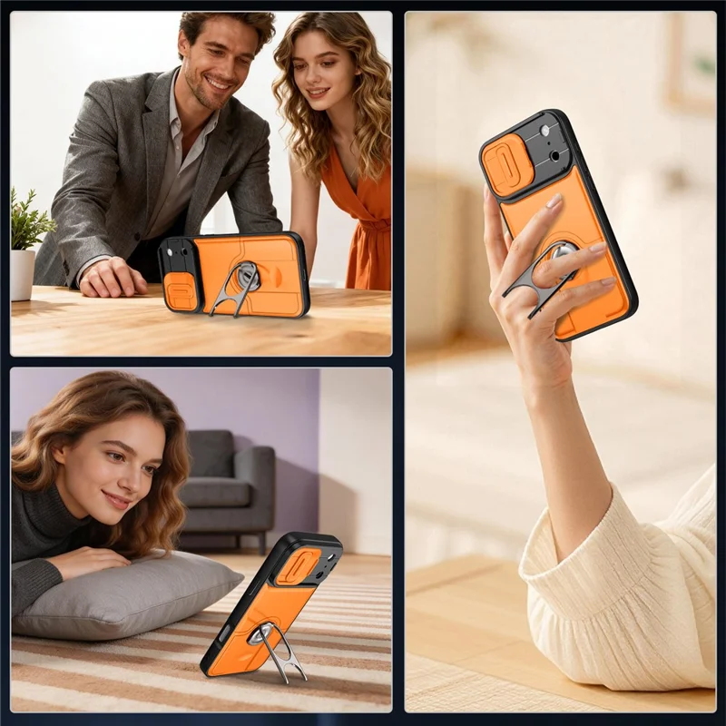 For iPhone 17 Pro Max Case with Slide Camera Cover Kickstand PC + TPU Protective Phone Shell - Orange - 4