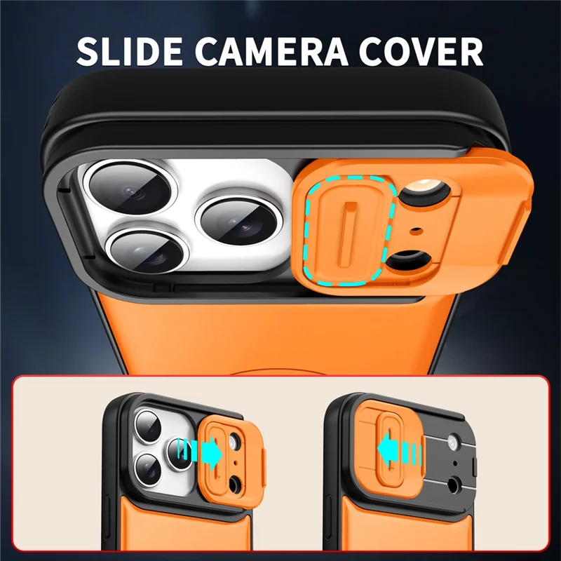 For iPhone 17 Pro Max Case with Slide Camera Cover Kickstand PC + TPU Protective Phone Shell - Orange - 8