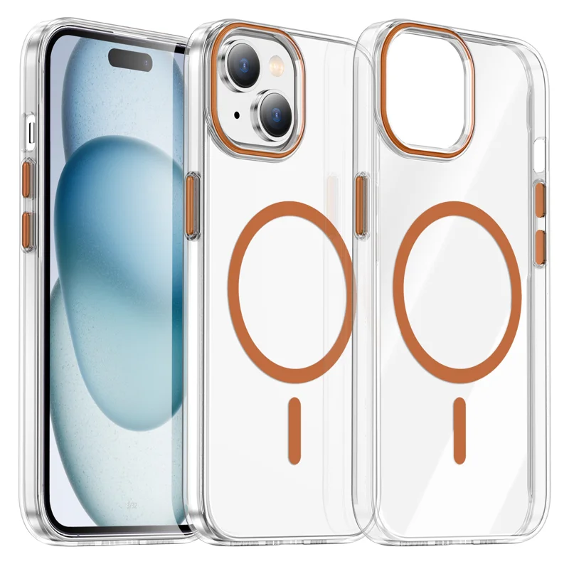For iPhone 15 Plus Clear Magnetic Case PC Anti Drop Phone Back Cover Compatible with MagSafe - Orange - 1