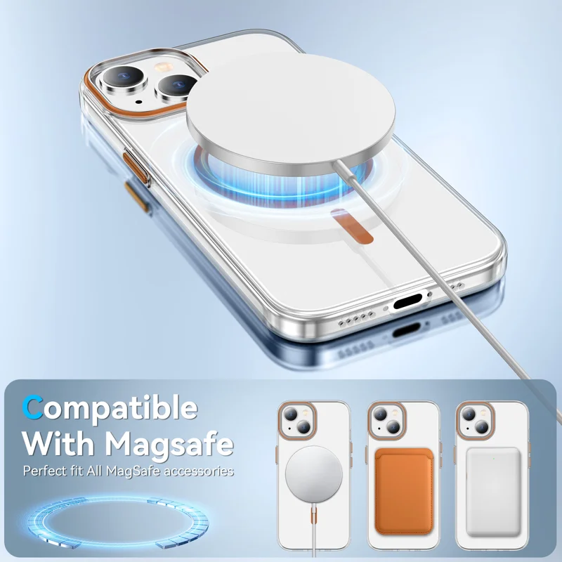 For iPhone 15 Plus Clear Magnetic Case PC Anti Drop Phone Back Cover Compatible with MagSafe - Orange - 3