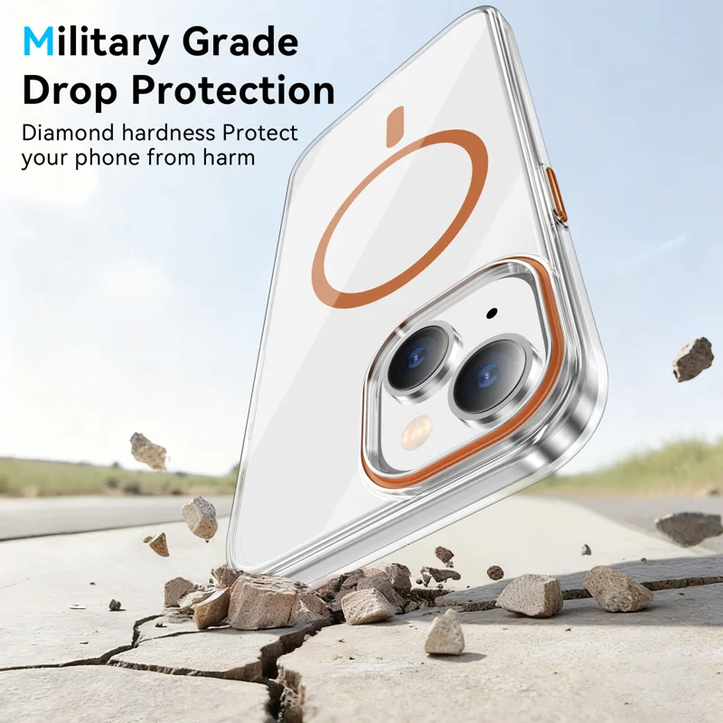 For iPhone 15 Plus Clear Magnetic Case PC Anti Drop Phone Back Cover Compatible with MagSafe - Orange - 4
