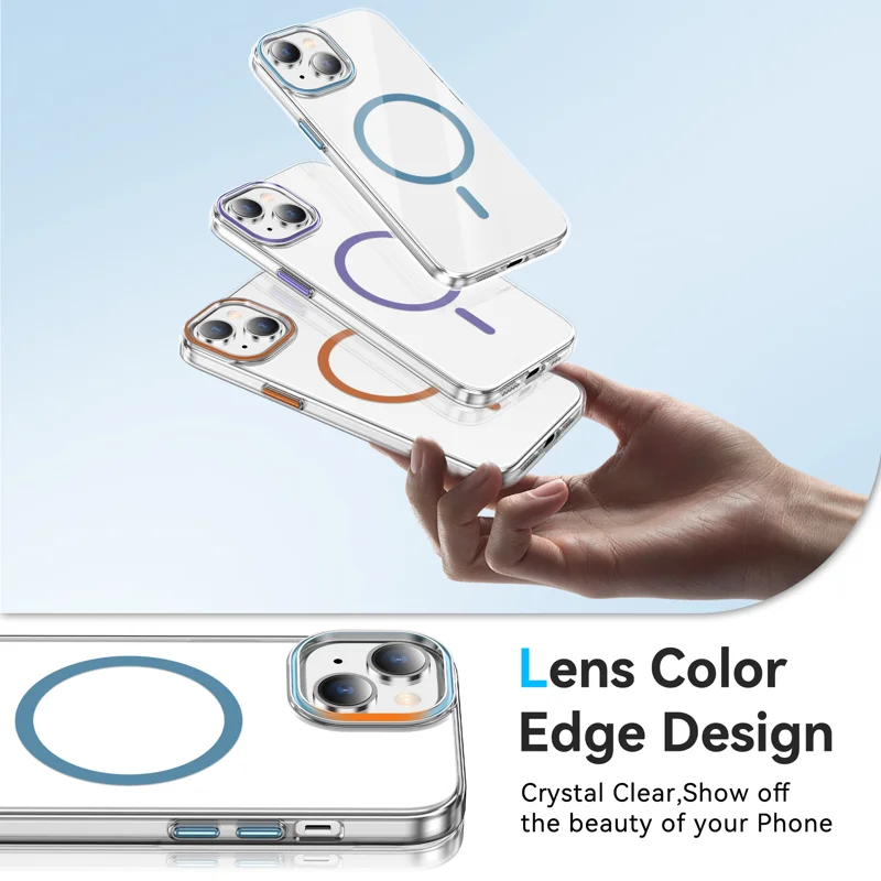 For iPhone 15 Plus Clear Magnetic Case PC Anti Drop Phone Back Cover Compatible with MagSafe - Orange - 5