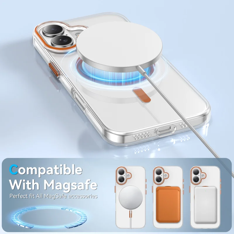 For iPhone 16 Plus Clear Magnetic Case PC Anti Drop Phone Back Cover Compatible with MagSafe - Orange - 3