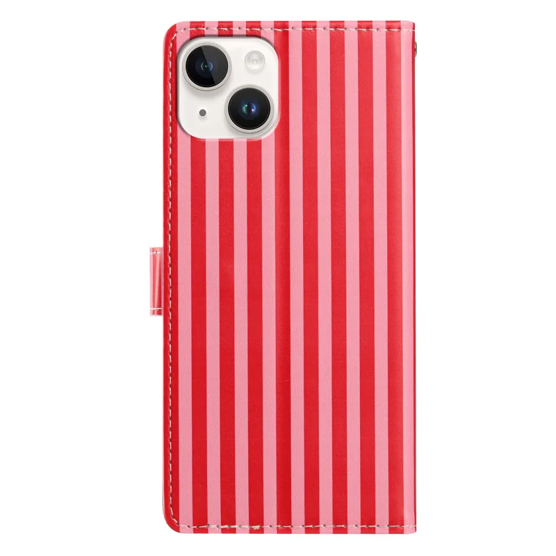 For iPhone 15 Wallet Case Vintage Stripes Leather Stand Flip Phone Cover with Wrist Strap - Red - 2