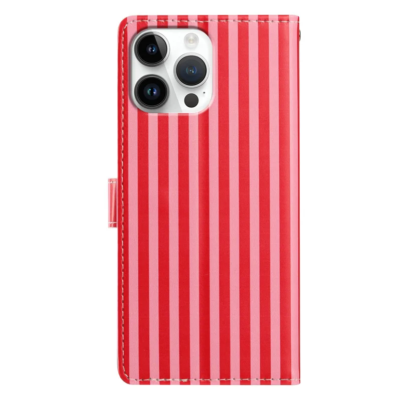 For iPhone 15 Pro Wallet Case Vintage Stripes Leather Stand Flip Phone Cover with Wrist Strap - Red - 2