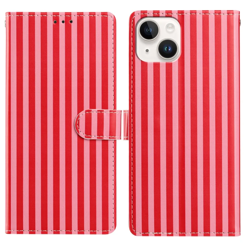 For iPhone 15 Plus Wallet Case Vintage Stripes Leather Stand Flip Phone Cover with Wrist Strap - Red - 1
