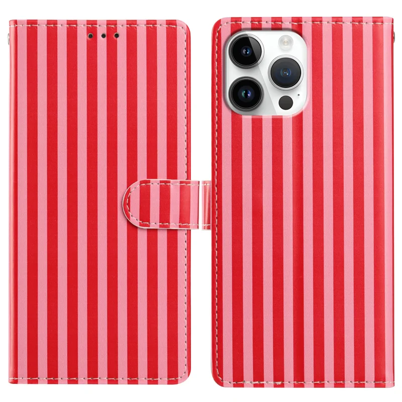 For iPhone 15 Pro Max Wallet Case Vintage Stripes Leather Stand Flip Phone Cover with Wrist Strap - Red - 1