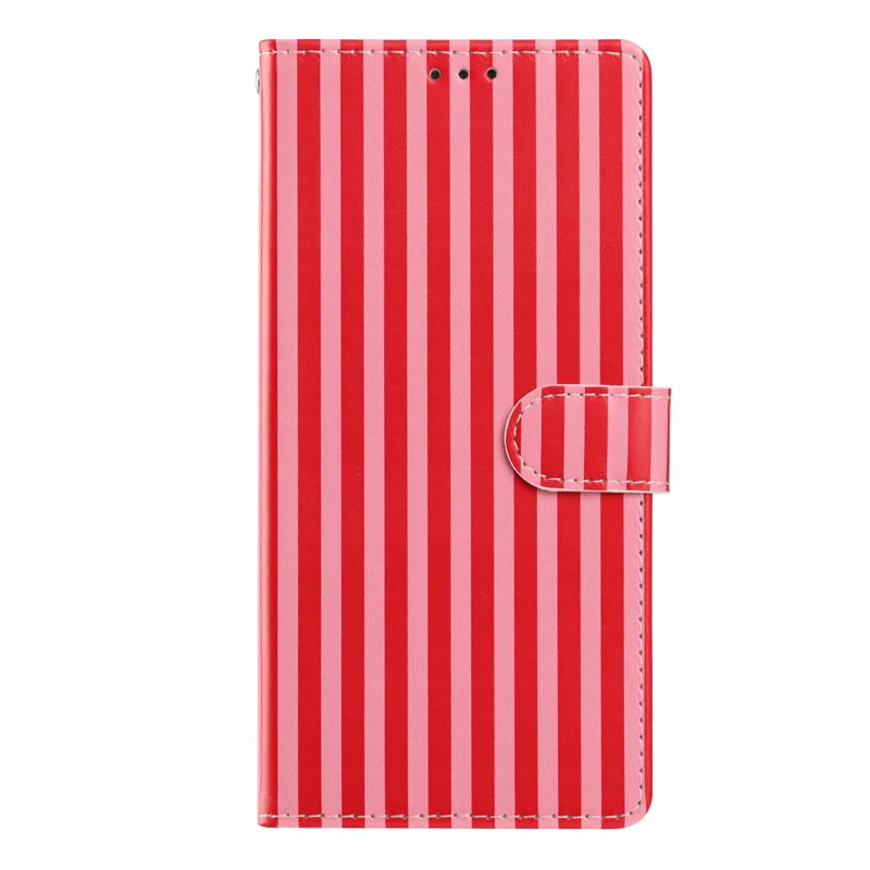 For iPhone 15 Pro Max Wallet Case Vintage Stripes Leather Stand Flip Phone Cover with Wrist Strap - Red - 4