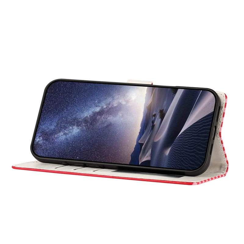 For iPhone 15 Pro Max Wallet Case Vintage Stripes Leather Stand Flip Phone Cover with Wrist Strap - Red - 6