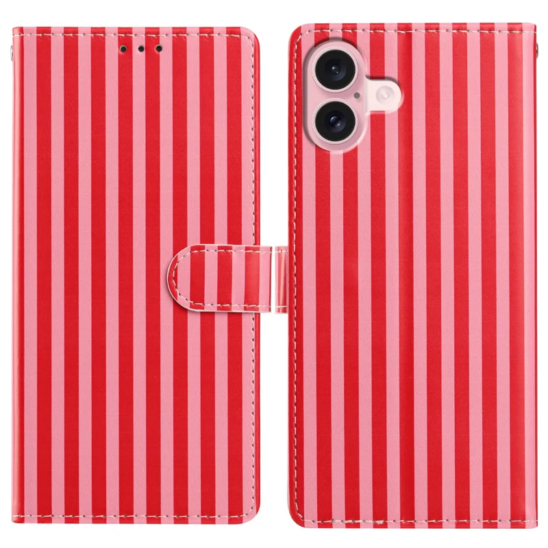 For iPhone 16 Wallet Case Vintage Stripes Leather Stand Flip Phone Cover with Wrist Strap - Red - 1