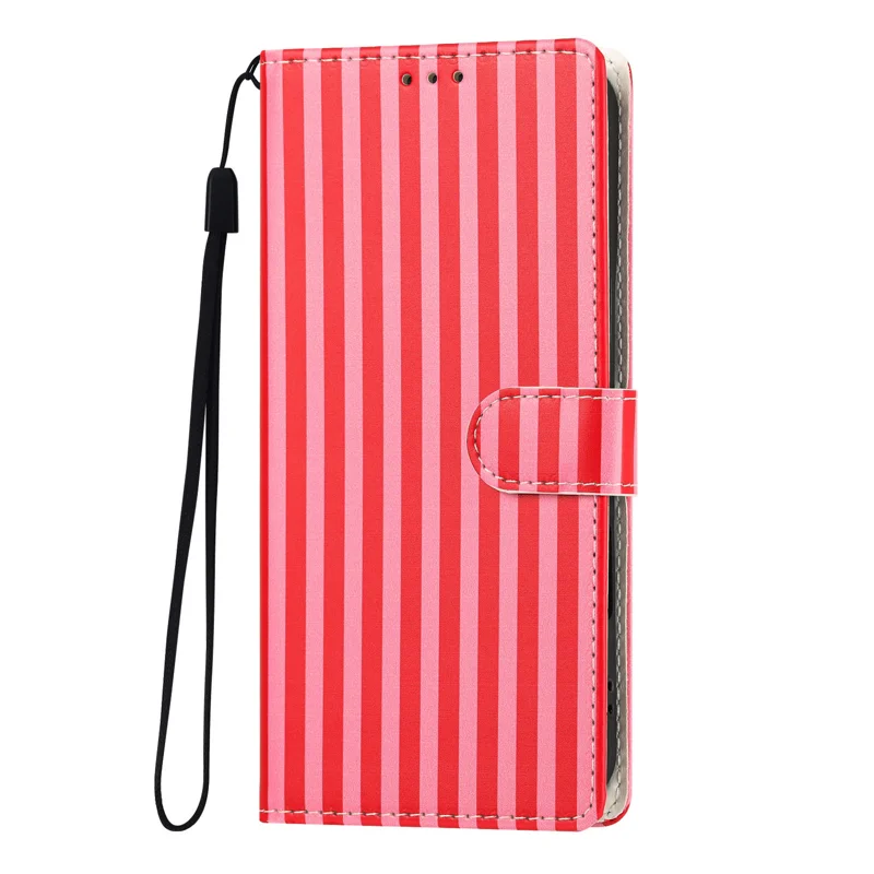 For iPhone 16 Pro Wallet Case Vintage Stripes Leather Stand Flip Phone Cover with Wrist Strap - Red - 3