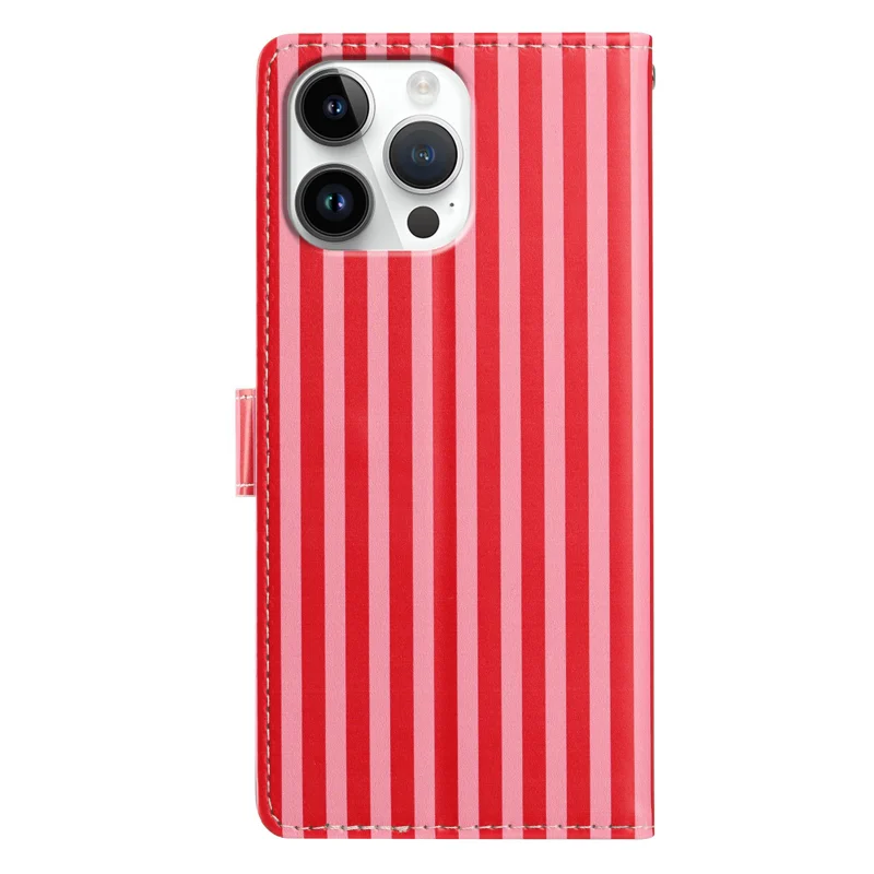 For iPhone 16 Pro Max Wallet Case Vintage Stripes Leather Stand Flip Phone Cover with Wrist Strap - Red - 2
