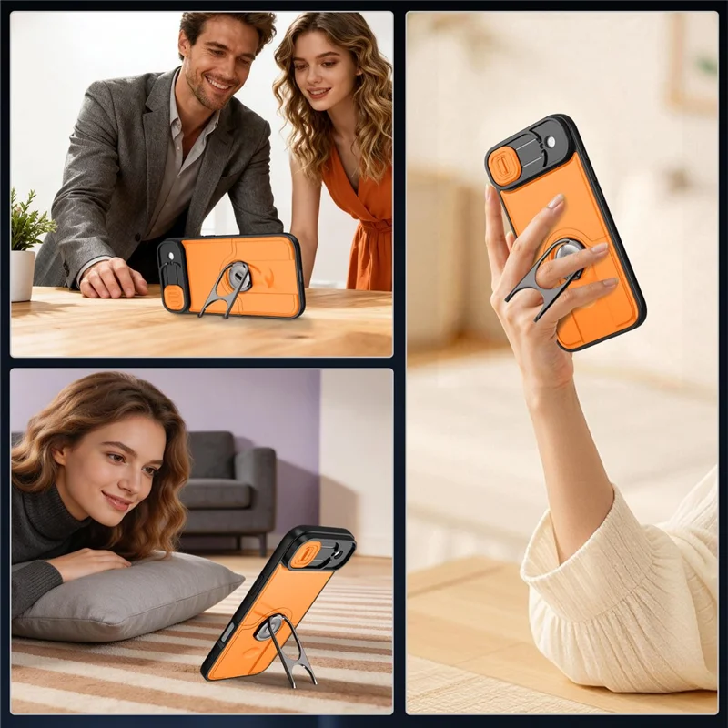 For iPhone Air Case with Slide Camera Cover Kickstand PC + TPU Protective Phone Shell - Orange - 8