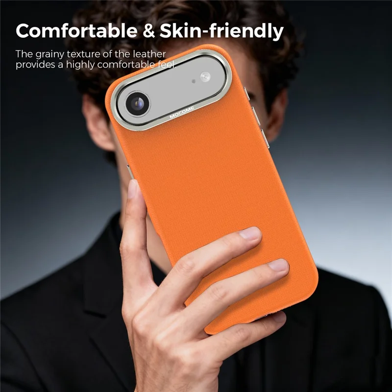 For iPhone Air Magnetic Case Fine Grid Texture Leather Coated TPU PC Phone Cover with Metal Lens Frame - Orange - 7