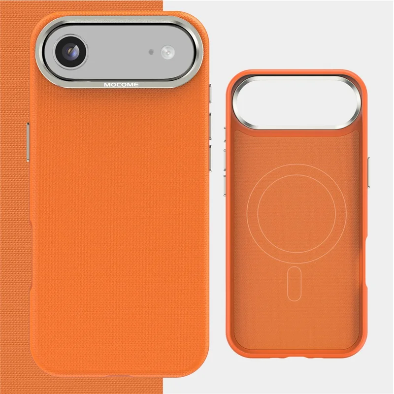 For iPhone Air Magnetic Case Fine Grid Texture Leather Coated TPU PC Phone Cover with Metal Lens Frame - Orange - 8
