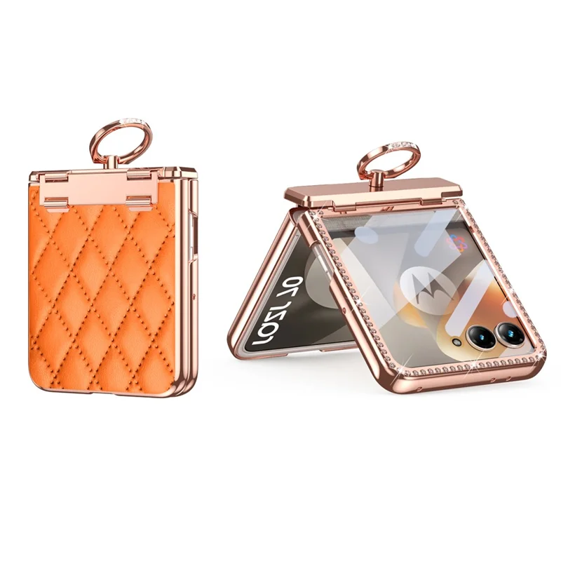 Phone Case for Motorola Razr 70 Ultra / 60 Ultra 5G / 50 Ultra 5G Quilted Leather Cover with Ring Holder / Rear Screen Film - Orange - 1