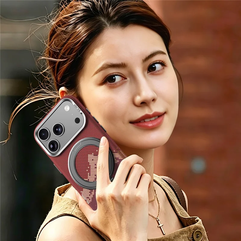 SULADA for iPhone 17 Pro Max Magnetic Case 360° Rotating Ring Kickstand Golden Mountain Pattern PC Slim Phone Cover - Orange - 10