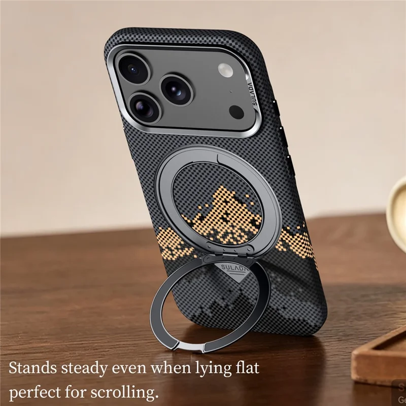 SULADA for iPhone 17 Pro Max Magnetic Case 360° Rotating Ring Kickstand Golden Mountain Pattern PC Slim Phone Cover - Orange - 11