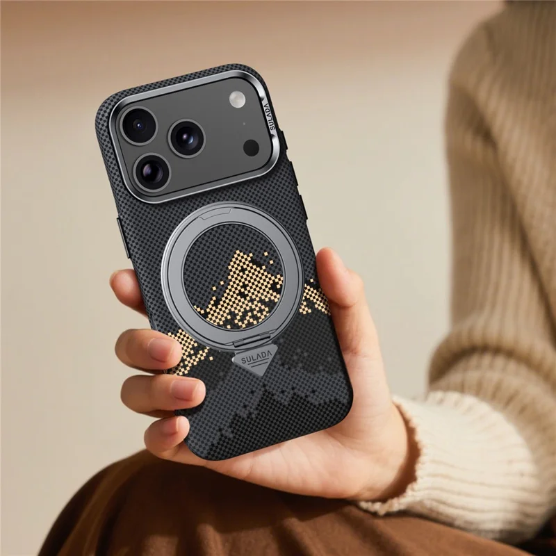 SULADA for iPhone 17 Pro Max Magnetic Case 360° Rotating Ring Kickstand Golden Mountain Pattern PC Slim Phone Cover - Orange - 12