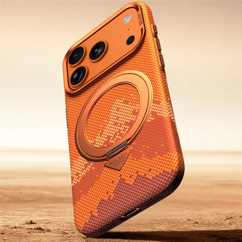 SULADA for iPhone 17 Pro Max Magnetic Case 360° Rotating Ring Kickstand Golden Mountain Pattern PC Slim Phone Cover - Orange - 5