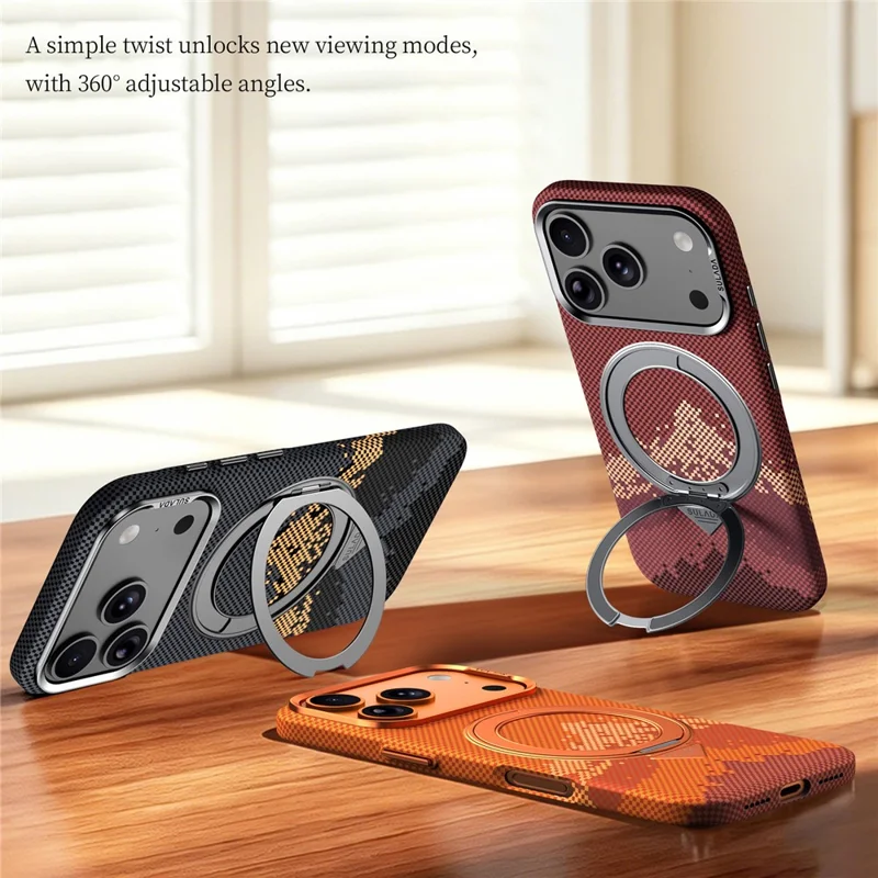 SULADA for iPhone 17 Pro Max Magnetic Case 360° Rotating Ring Kickstand Golden Mountain Pattern PC Slim Phone Cover - Orange - 9
