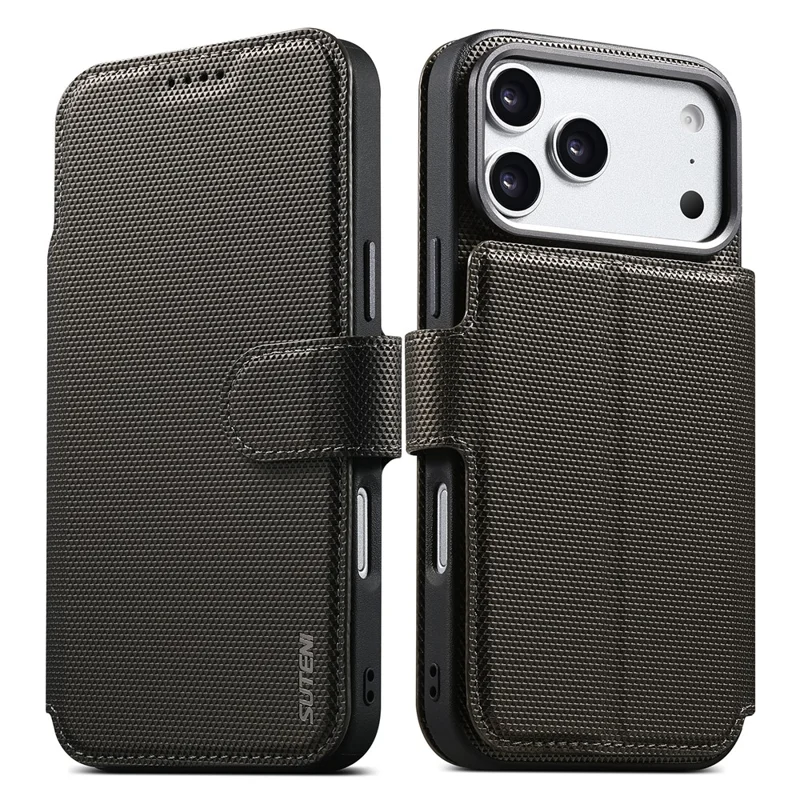 SUTENI Q09 for iPhone 17 Pro Leather Case Triangle Texture Wallet Folio Flip Phone Cover - Grey - 1