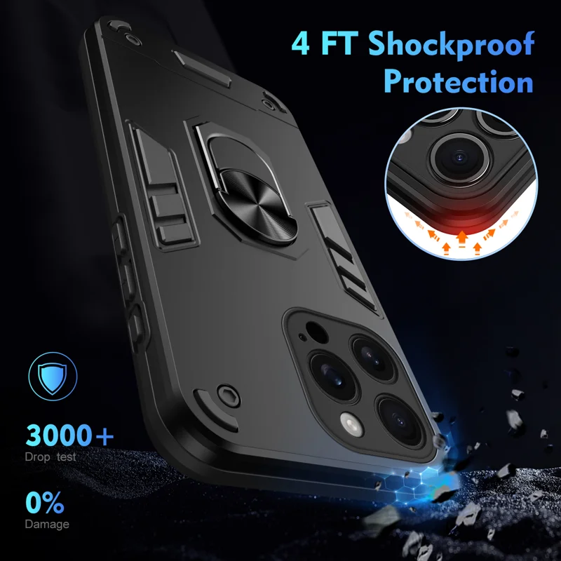 WANLONFENG for iPhone 16 Pro Max YS Series Case Kicktand Shockproof PC TPU Phone Cover with 2Pcs Tempered Glass Film - Black - 5