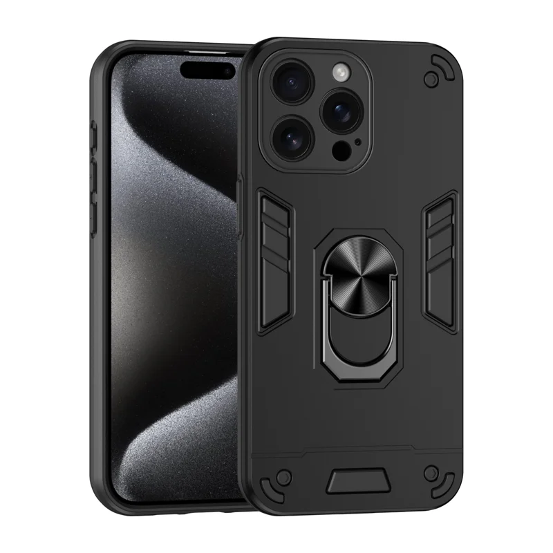WANLONFENG for iPhone 16 Pro YS Series Case Kicktand Shockproof PC TPU Phone Cover with 2Pcs Tempered Glass Film - Black - 2