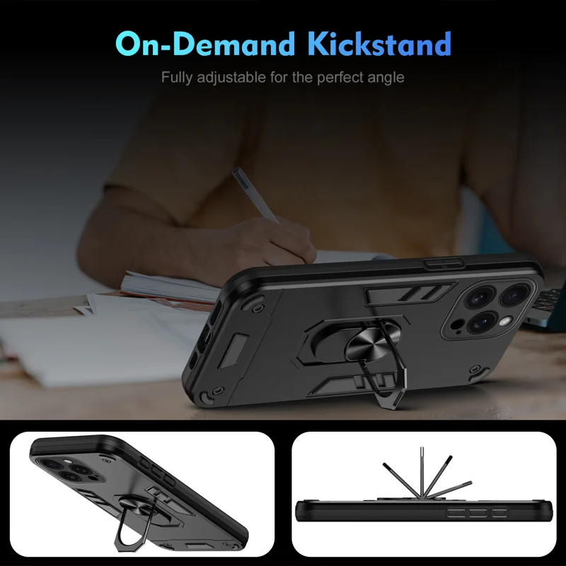 WANLONFENG for iPhone 16 Pro YS Series Case Kicktand Shockproof PC TPU Phone Cover with 2Pcs Tempered Glass Film - Black - 7