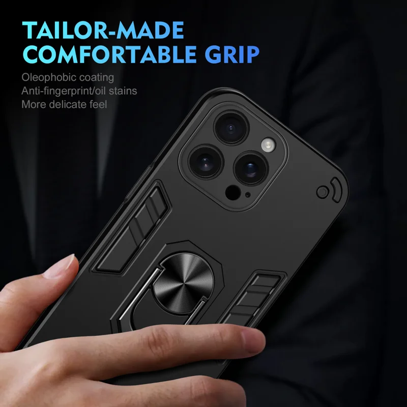 WANLONFENG for iPhone 15 Pro Max YS Series Case Kicktand Shockproof PC TPU Phone Cover with 2Pcs Tempered Glass Film - Black - 6