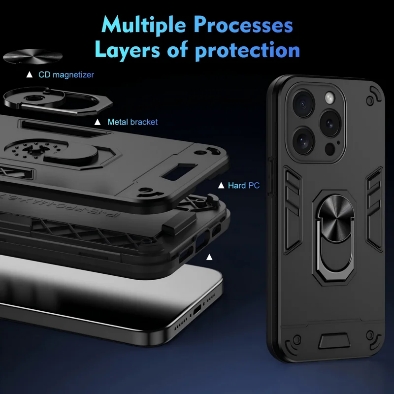 WANLONFENG for iPhone 15 Pro Max YS Series Case Kicktand Shockproof PC TPU Phone Cover with 2Pcs Tempered Glass Film - Black - 8