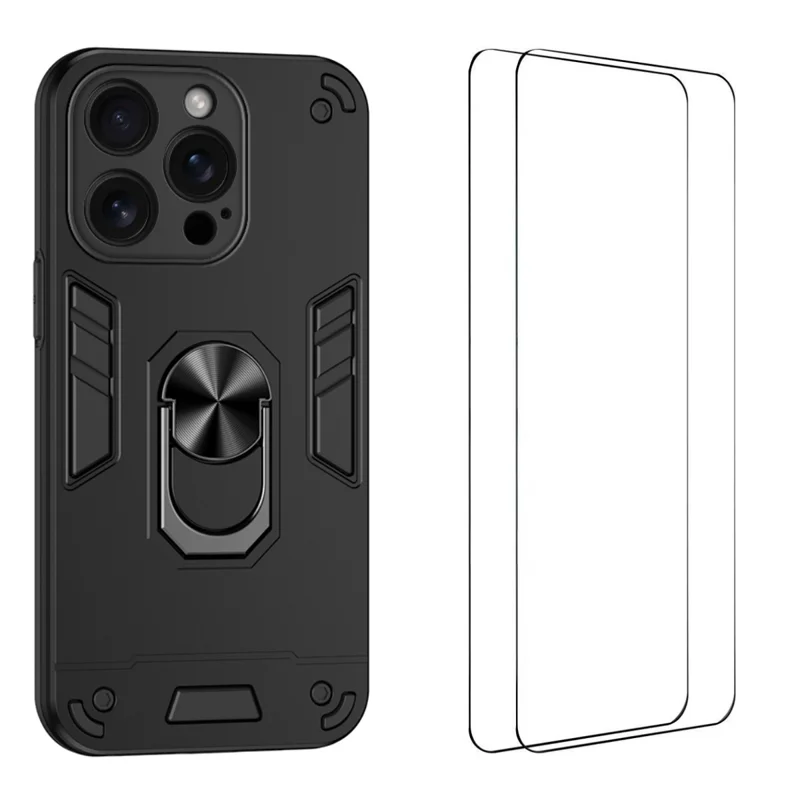 WANLONFENG for iPhone 15 Pro YS Series Case Kicktand Shockproof PC TPU Phone Cover with 2Pcs Tempered Glass Film - Black - 1