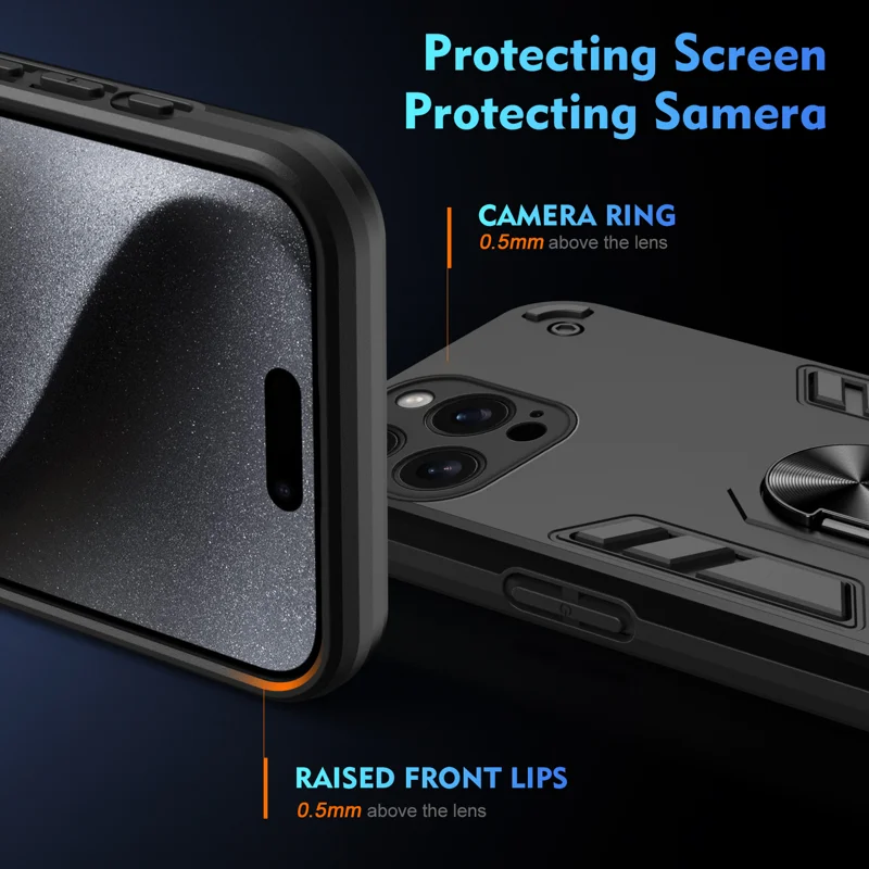WANLONFENG for iPhone 15 Pro YS Series Case Kicktand Shockproof PC TPU Phone Cover with 2Pcs Tempered Glass Film - Black - 4