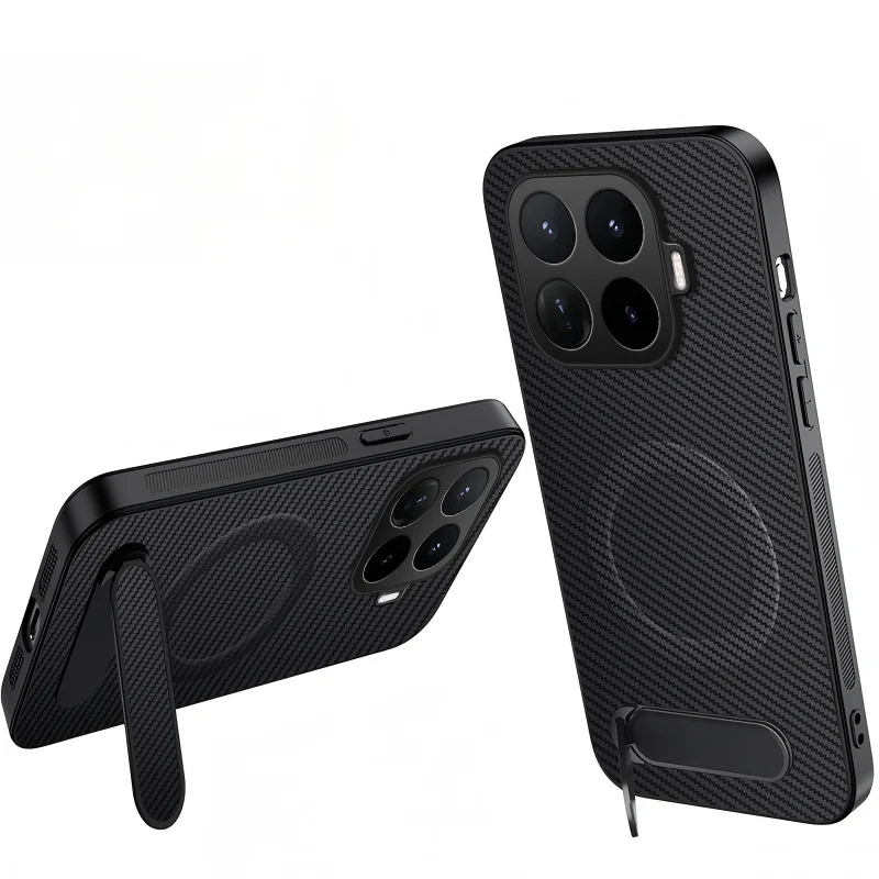 WANLONFENG for Xiaomi 17T Pro QT Series Magnetic Case Kickstand Carbon Fiber Texture PC TPU Phone Cover - Black - 1