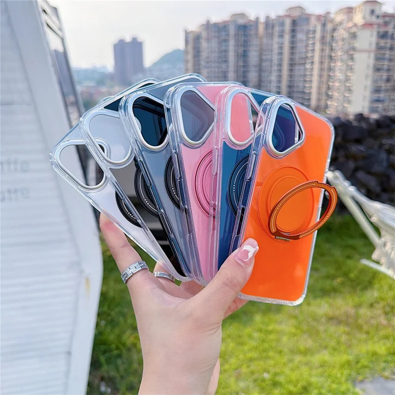For iPhone 16 Plus Case Rotating Ring Holder Kickstand TPU + Acrylic Shockproof Phone Cover - Pink - 6