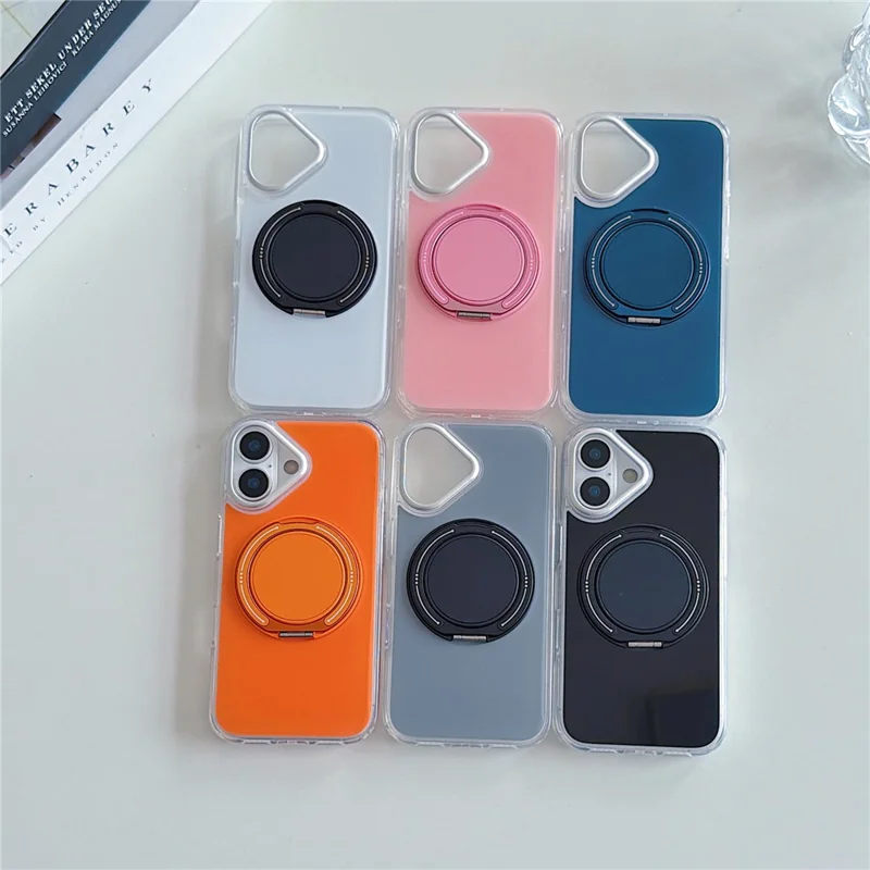 For iPhone 16 Plus Case Rotating Ring Holder Kickstand TPU + Acrylic Shockproof Phone Cover - Pink - 7