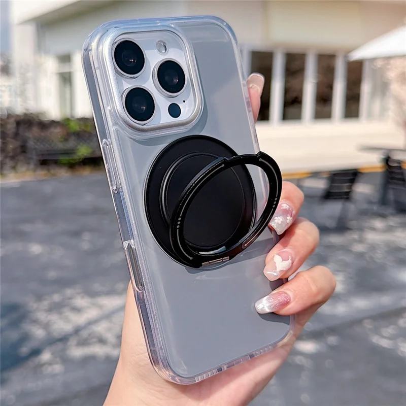 For iPhone 16 Pro Max Case Rotating Ring Holder Kickstand TPU + Acrylic Shockproof Phone Cover - Grey - 1