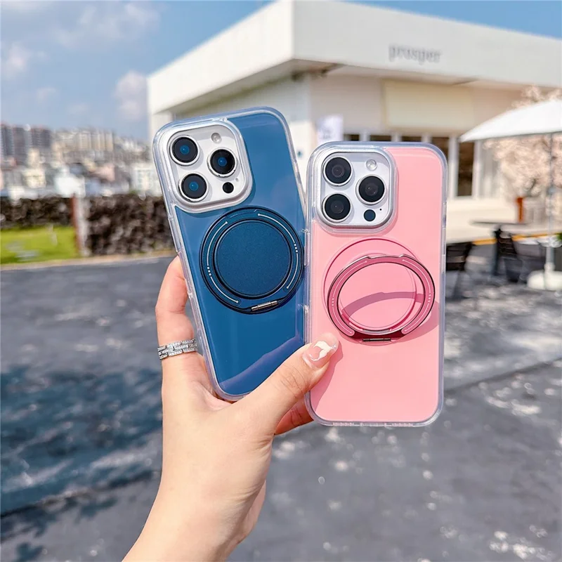 For iPhone 16 Pro Max Case Rotating Ring Holder Kickstand TPU + Acrylic Shockproof Phone Cover - Grey - 3