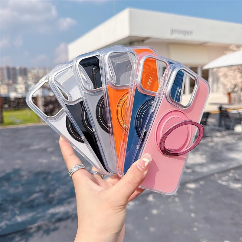 For iPhone 16 Pro Max Case Rotating Ring Holder Kickstand TPU + Acrylic Shockproof Phone Cover - Grey - 6