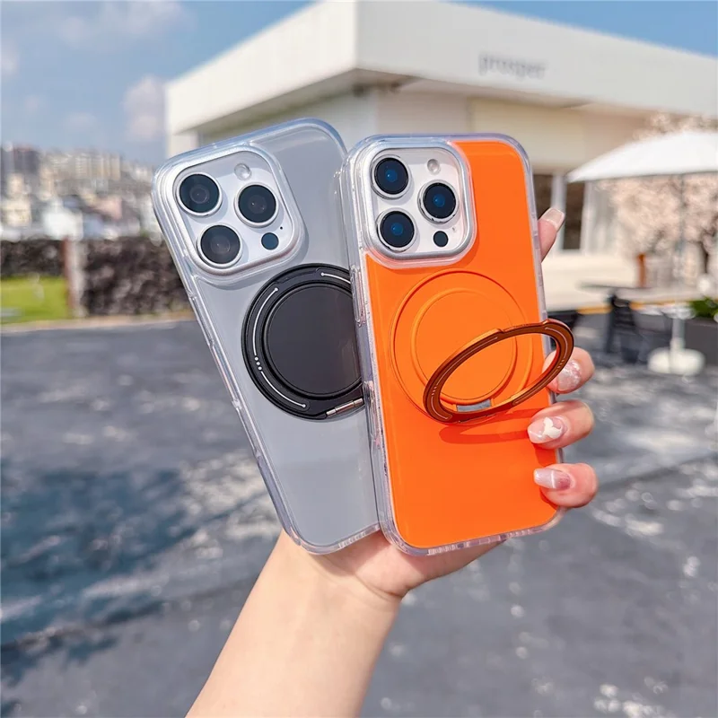 For iPhone 16 Pro Case Rotating Ring Holder Kickstand TPU + Acrylic Shockproof Phone Cover - Orange - 2