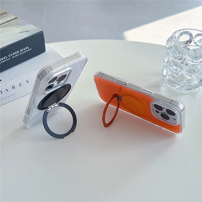 For iPhone 16 Pro Case Rotating Ring Holder Kickstand TPU + Acrylic Shockproof Phone Cover - Orange - 4