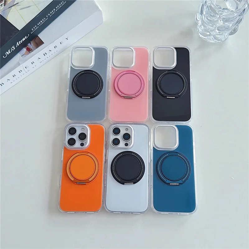 For iPhone 16 Pro Case Rotating Ring Holder Kickstand TPU + Acrylic Shockproof Phone Cover - Orange - 7