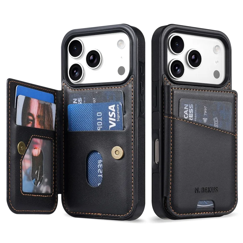 N.BEKUS P4 For iPhone 18 Pro Max / 17 Pro Max Case RFID Blocking Card Holder PU Leather + TPU Phone Cover with Kickstand - Black - 1