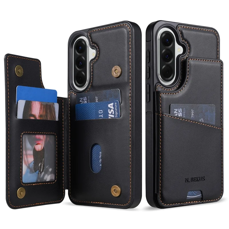 N.BEKUS P4 for Samsung Galaxy S25 FE Case Magnetic Buttons Leather + TPU Phone Cover with Card Holder Kickstand - Black - 1