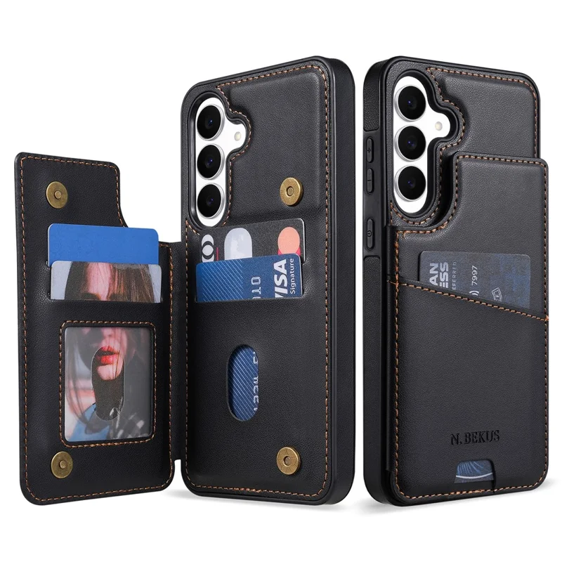 N.BEKUS P4 for Samsung Galaxy A16 5G / A16 4G Case Magnetic Buttons Leather + TPU Phone Cover with Card Holder Kickstand - Black - 1