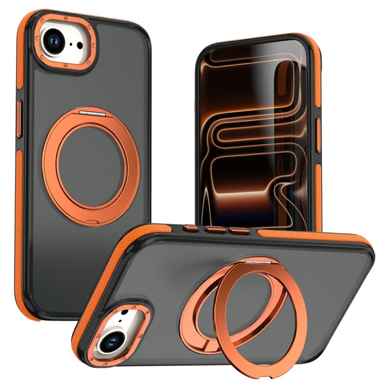 For iPhone 16e / 17e Magnetic Case Double Color Rotating Ring Kickstand PC + TPU Phone Cover - Orange - 1